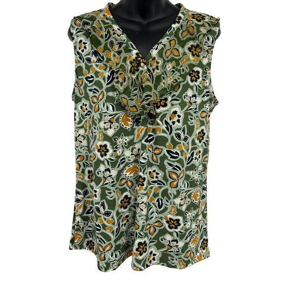 NY Collection Women Sleeveless Green Blouse V-Neck Large L Floral Ruffle NWT New - Picture 1 of 11